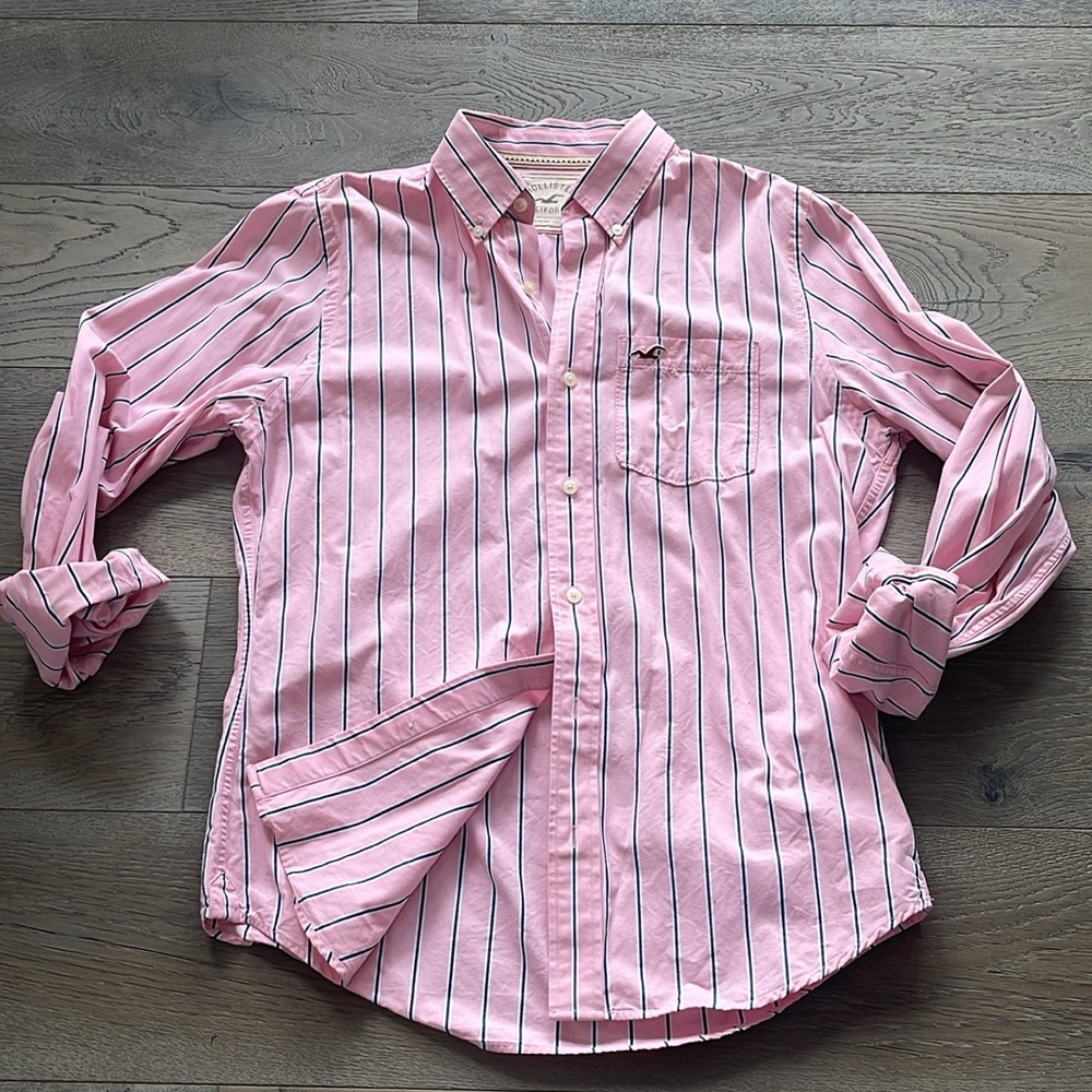 Hollister Pink Navy White Stripe Long Sleeve Button Down Shirt Size Large - Picture 2 of 6